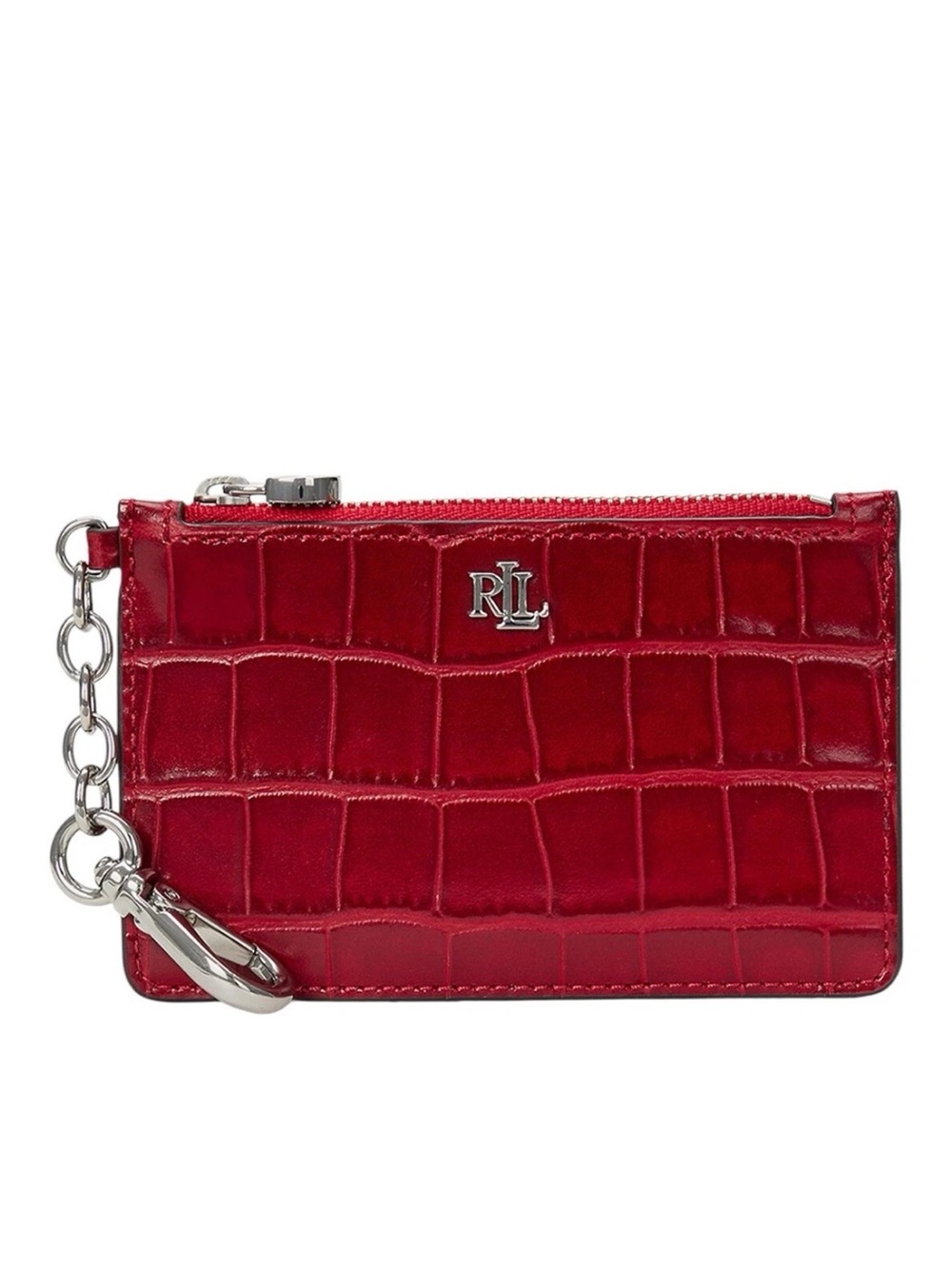 NWT Ralph Lauren Red Croc Embossed Card Holder Keychain Wallet